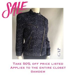 (Sz XL TALL) GAP Blue White Moto Zip Jacket